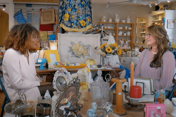 two women sitting in thrift shop in Mahone Bay